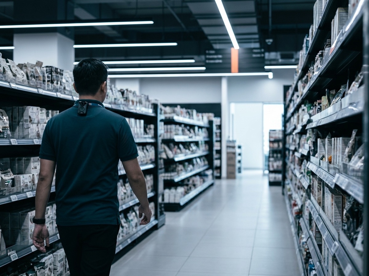 Merchandiser walking a modern supermarket aisle, body-cam on the collar, scanning category zones receding into depth