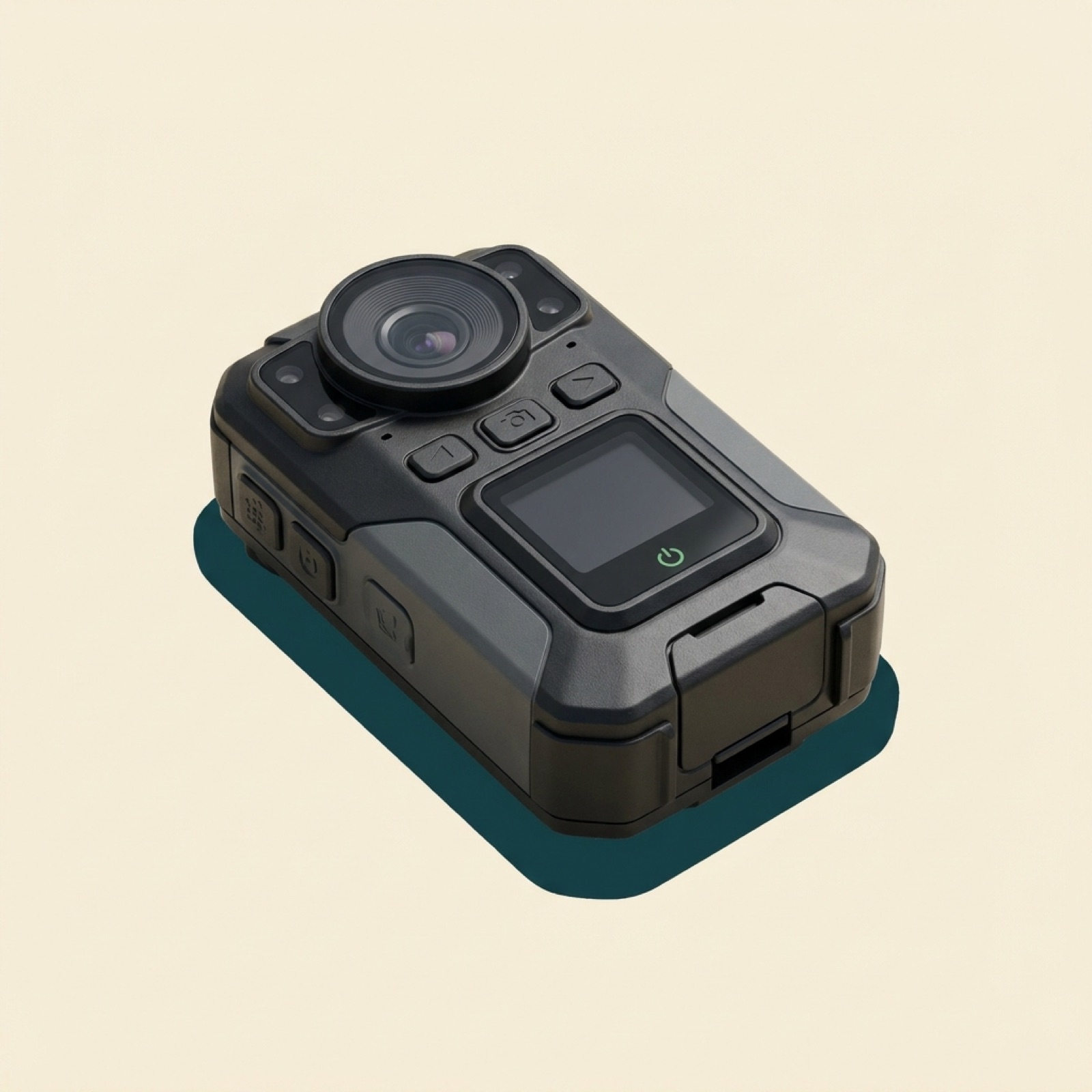 Body-worn camera clipped to a navy polo shirt collar, studio shot with shelf-tag teal rim light