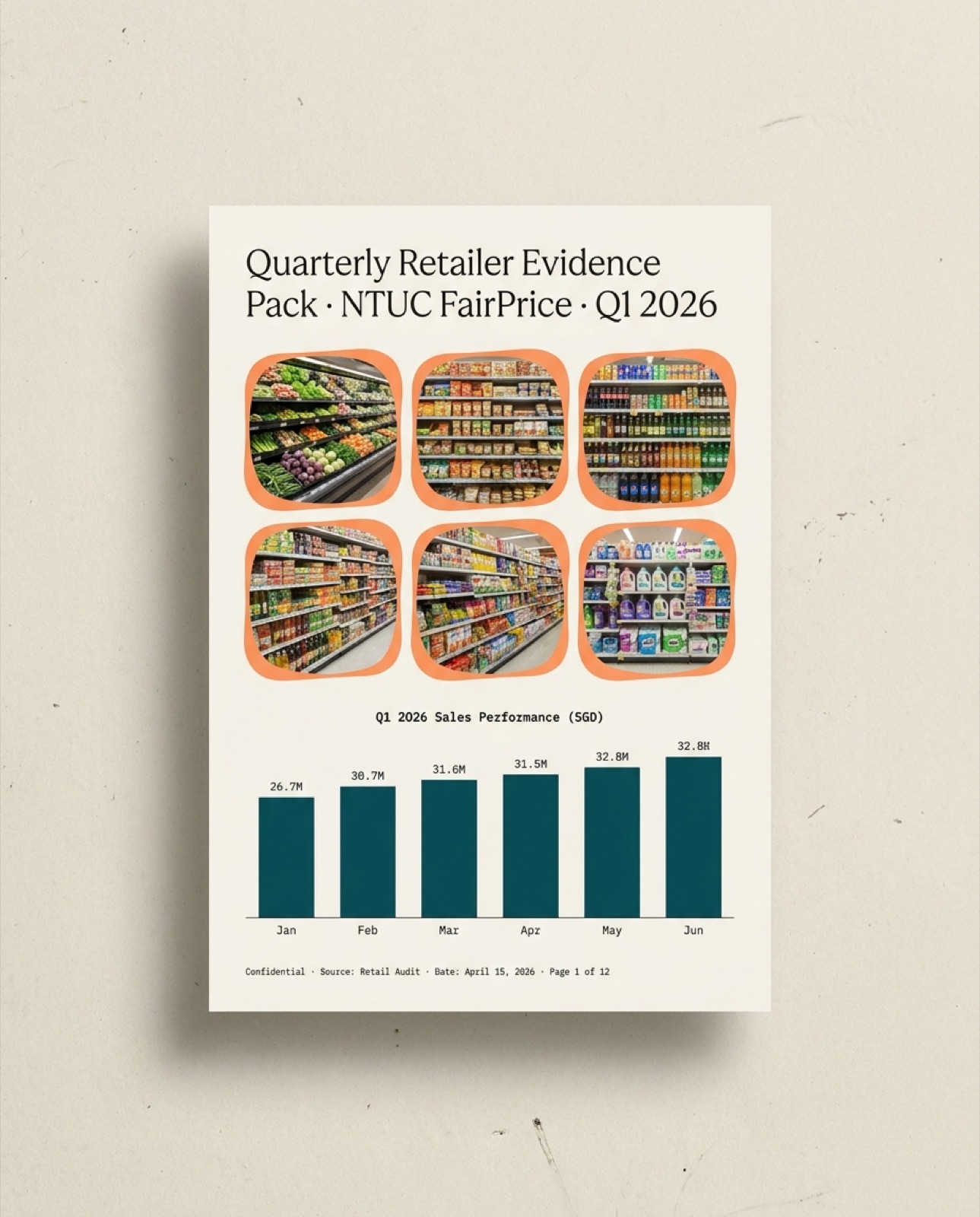 Retailer evidence pack — printed PDF mockup with NTUC FairPrice header, 12-week facings count chart, and 4-photo capture grid