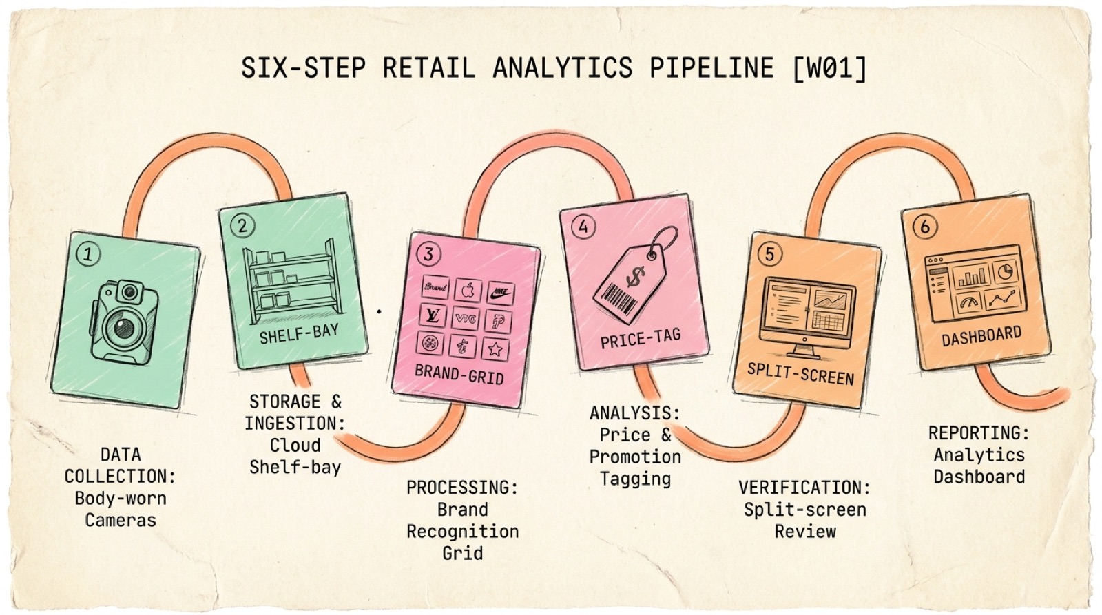 Six-step retail analytics pipeline diagram on cream paper — Capture · Segment · Recognise · OCR · Diff · Deliver — hand-drawn timeline